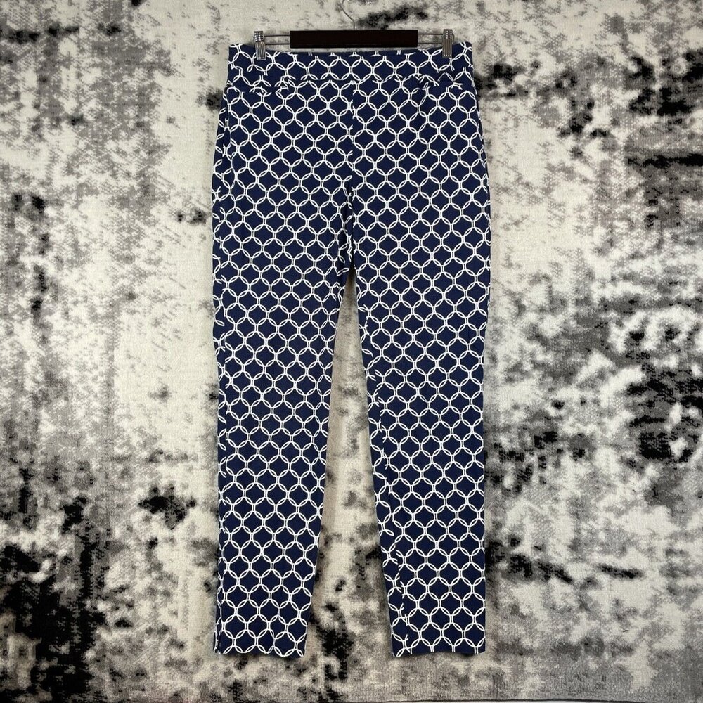 Chicos Pants Womens Size 12 Tall Blue Geometric Tapered Leg Stretch Pull On